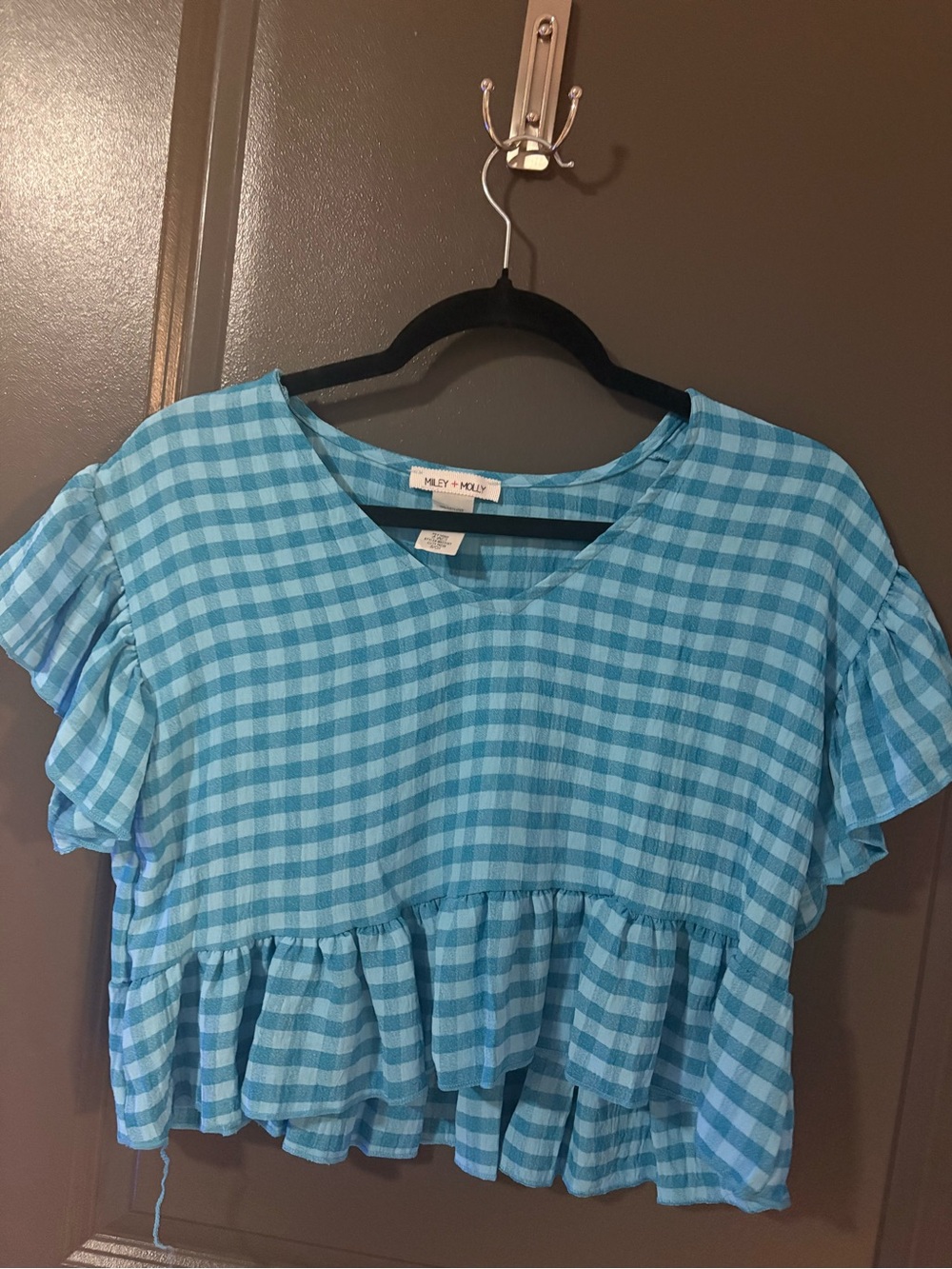 Miley + Molly Blue Gingham Ruffle Peplum Top